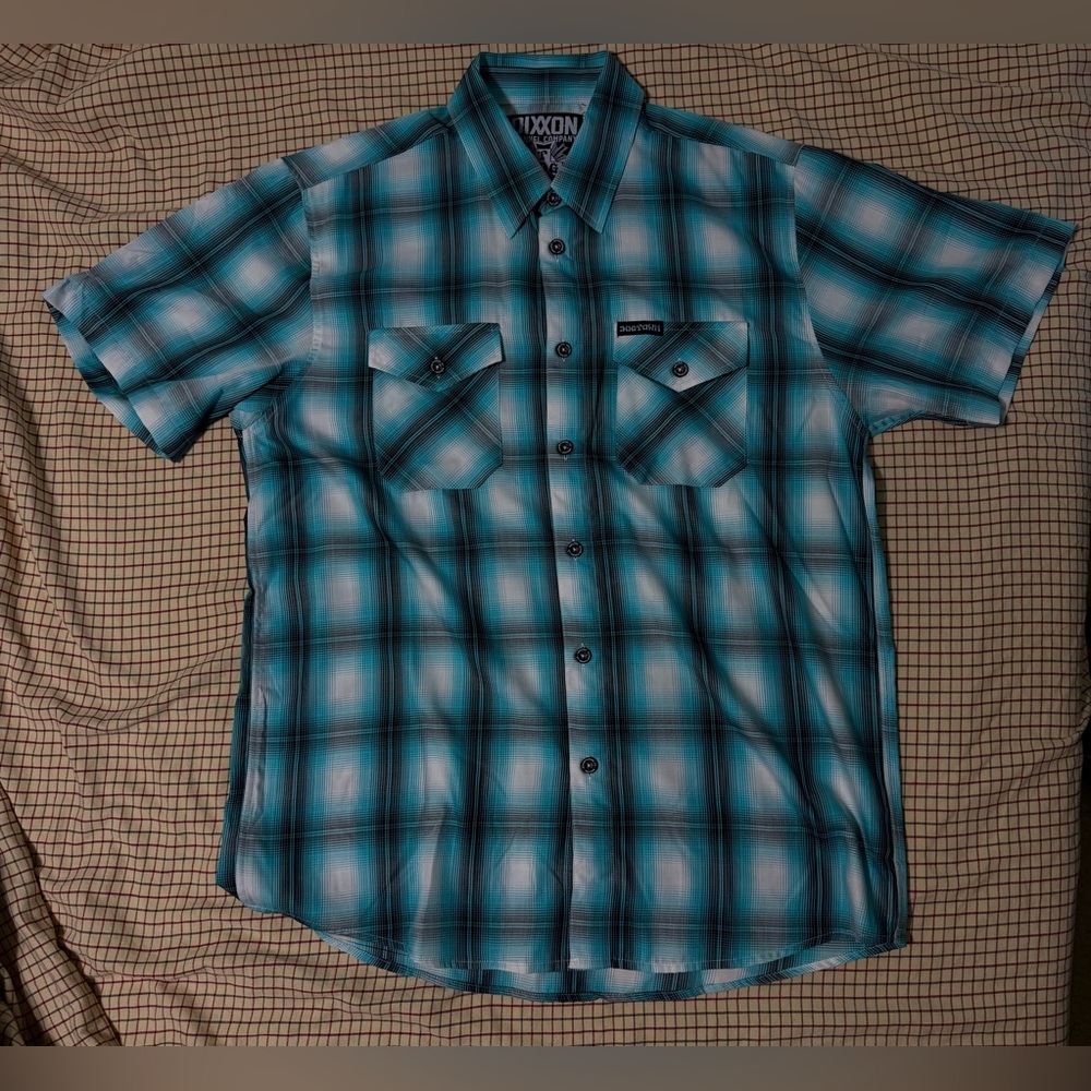 Dixxon Flannel Company Dogtown Shirt Mens Teal Plaid Short Sleeve Button Up